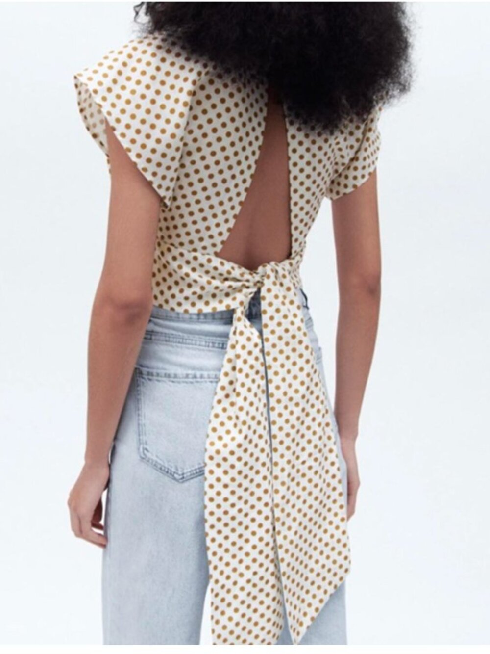 ZARA Linen Blend Polka Dot Crop Deep V Neck Tie Back Blouse Top White Mustard M - Picture 3 of 8